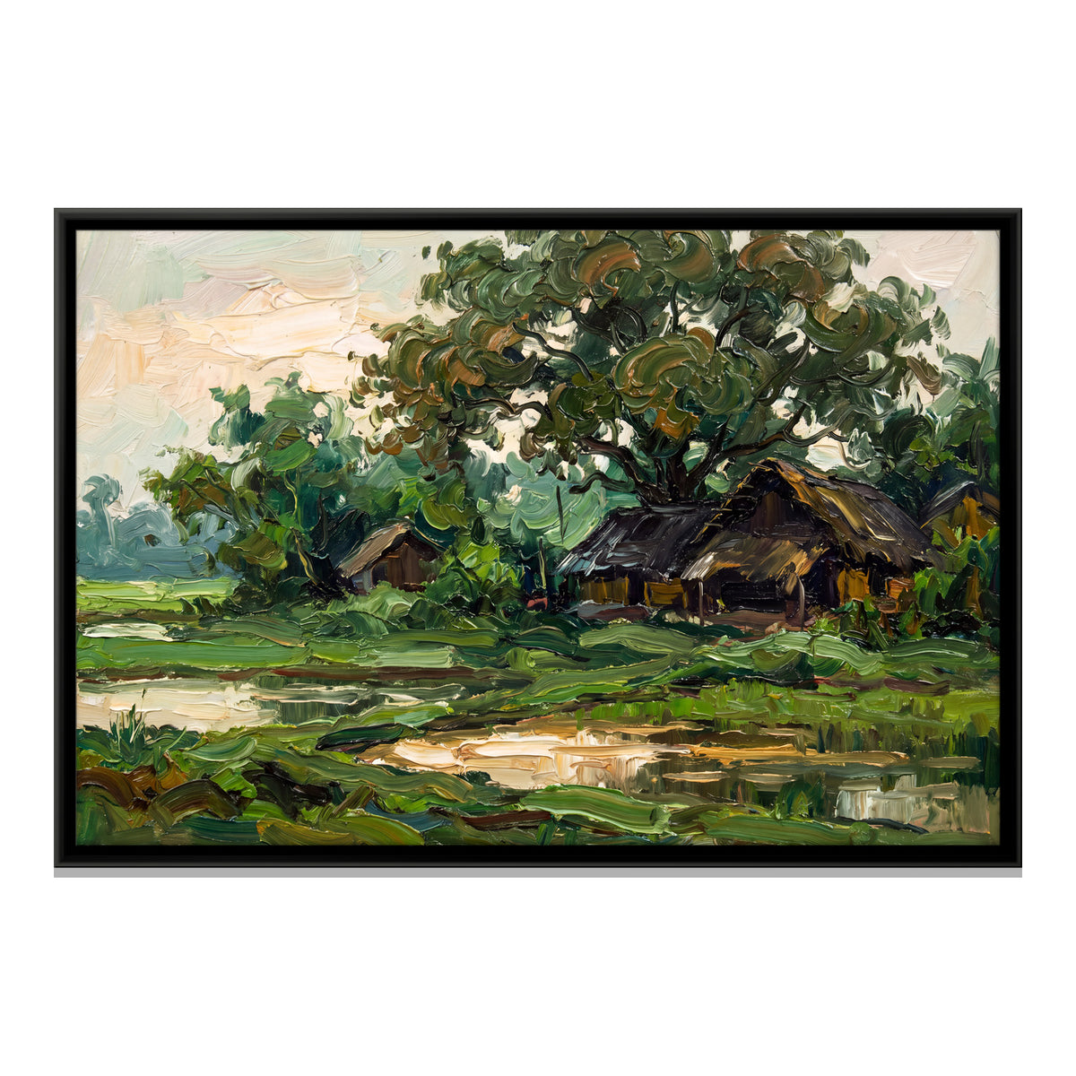 Thatched Huts by a Village Pond - framed canvas print, front view