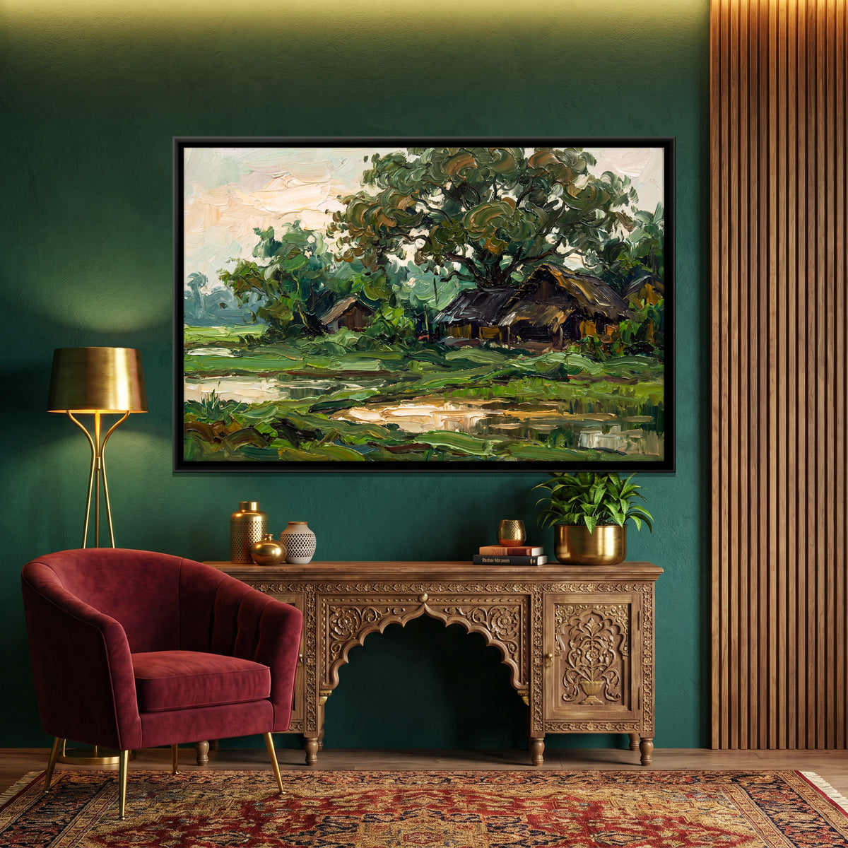 Thatched Huts by a Village Pond - canvas art shown in a styled room