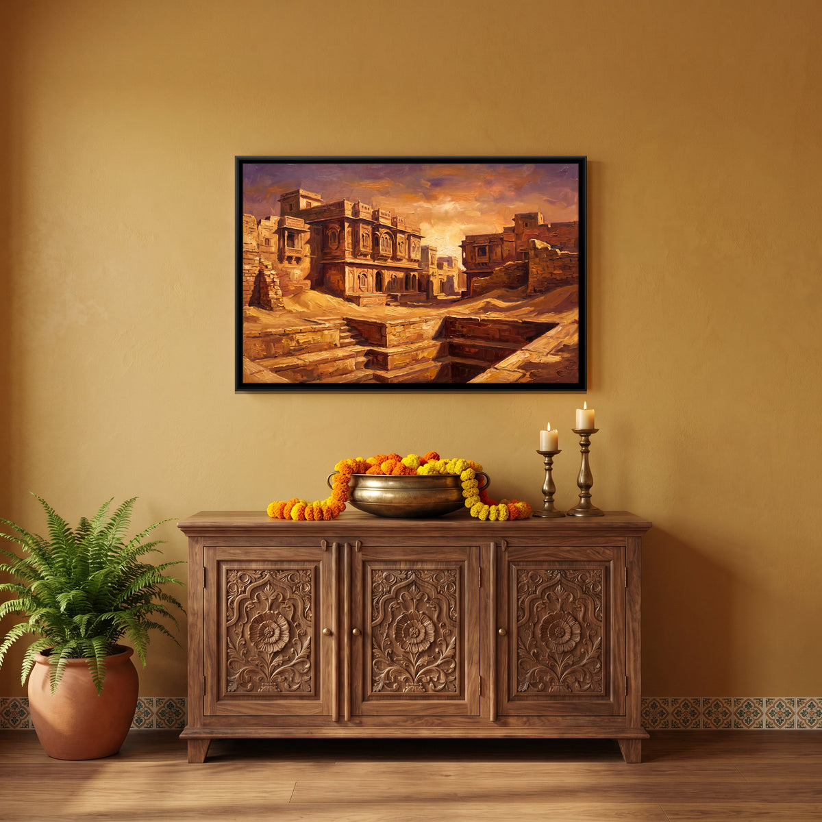 Sandstone Haveli at Sunset - canvas art shown in a styled room