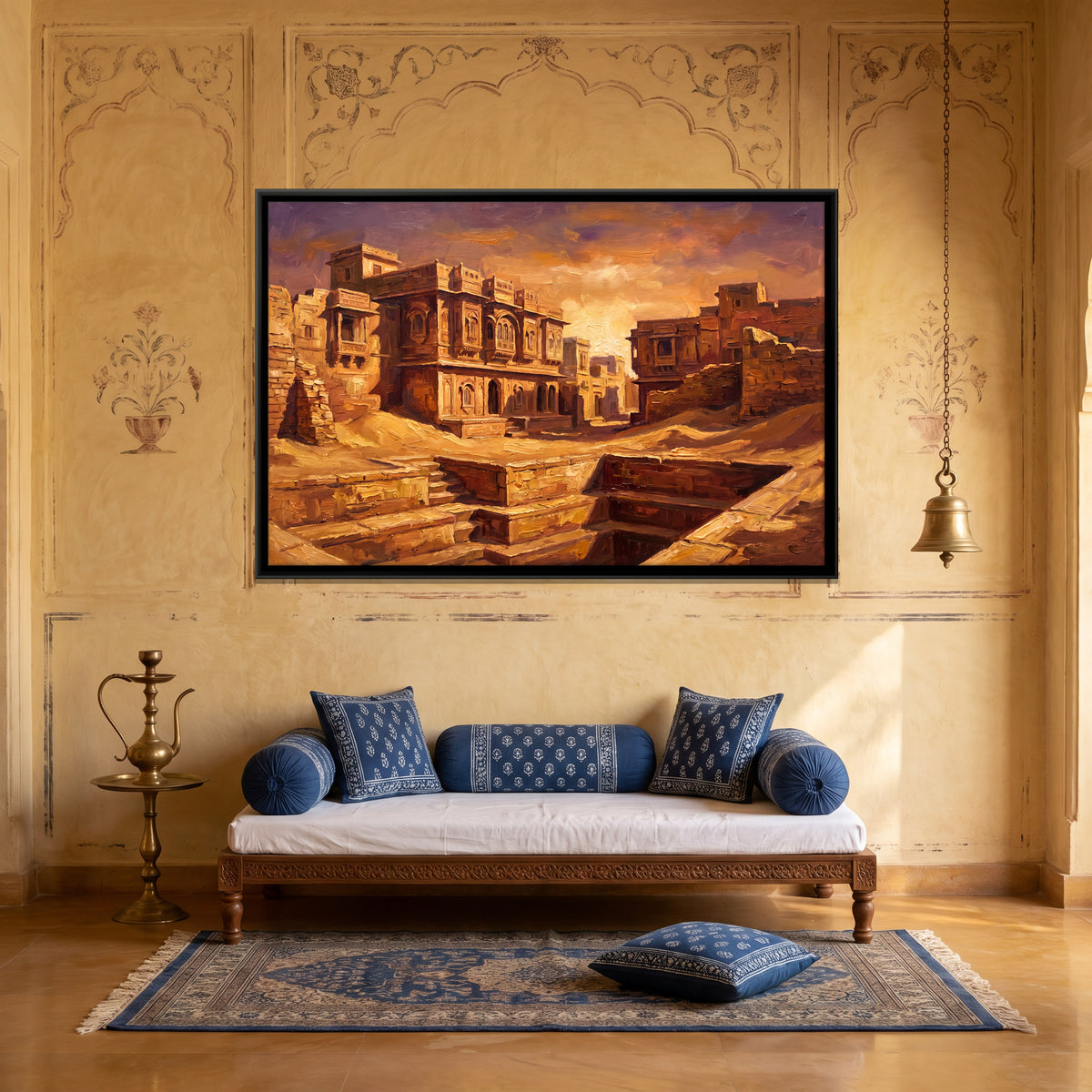 Sandstone Haveli at Sunset - canvas art shown in a second room setting
