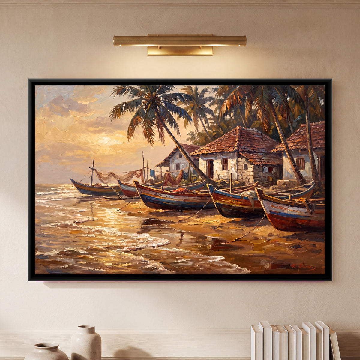 Fishing Boats at Sunset - framed canvas art hung on a wall