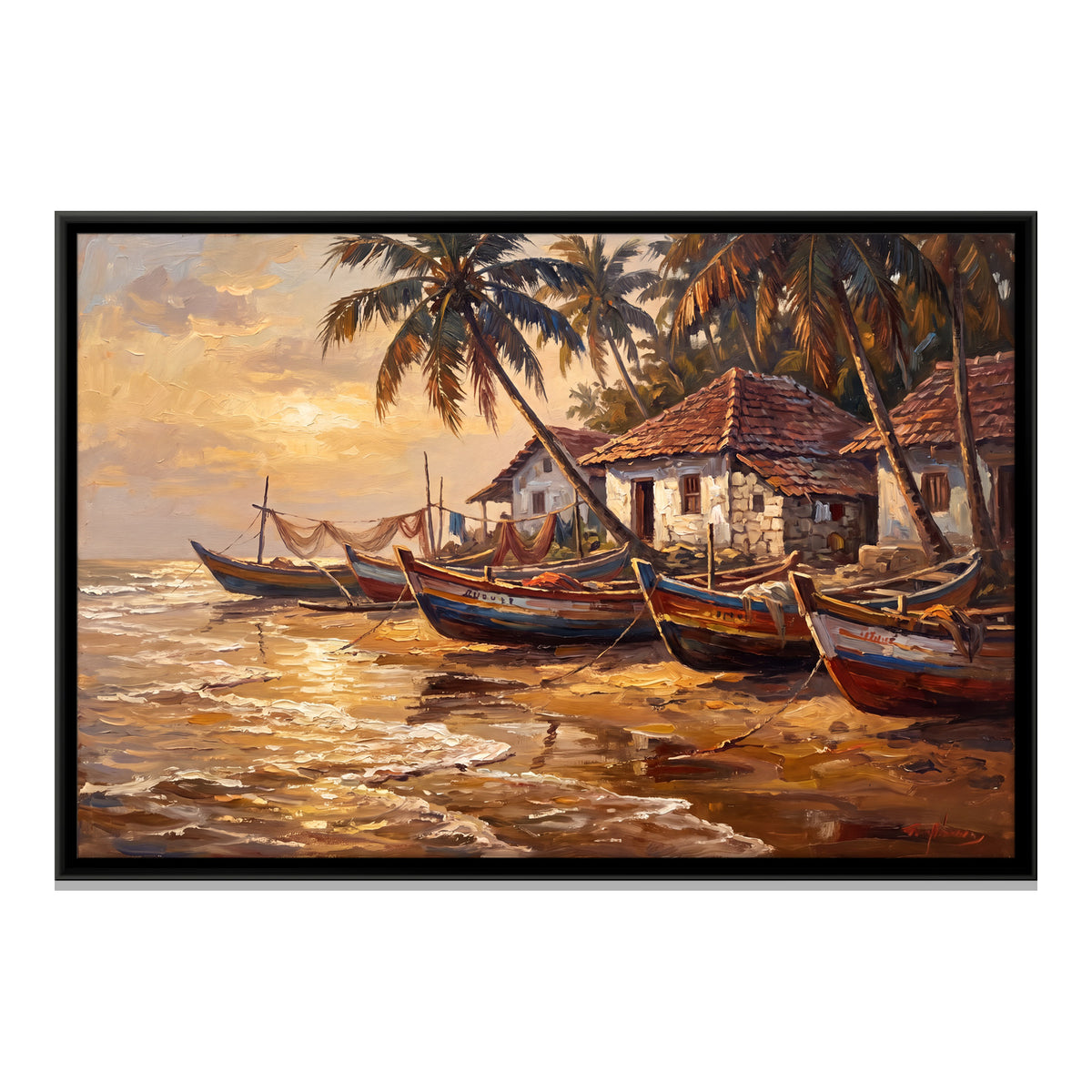 Fishing Boats at Sunset - framed canvas print, front view
