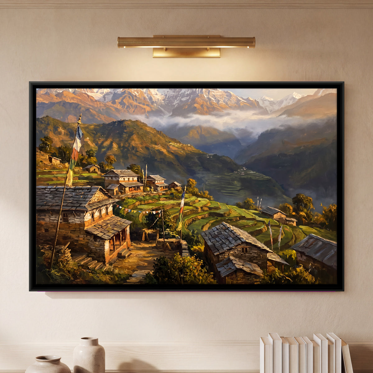 Himalayan Village with Prayer Flags - framed canvas art hung on a wall
