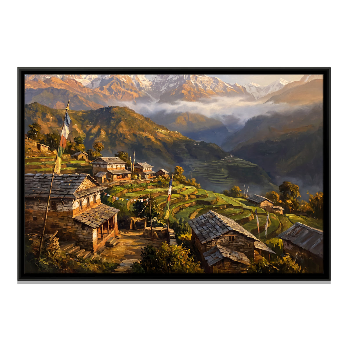 Himalayan Village with Prayer Flags - framed canvas print, front view