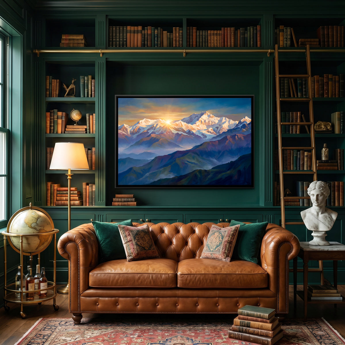 Sunrise Over Snow Peaks - canvas art shown in a second room setting