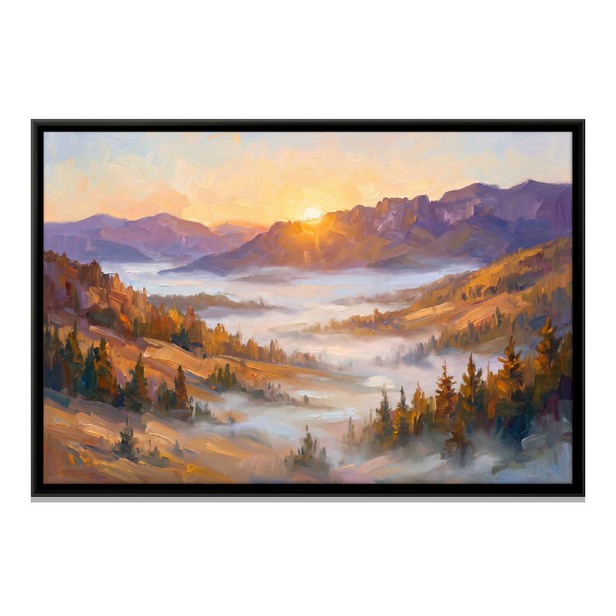 Misty Valley at Sunrise - framed canvas print, front view
