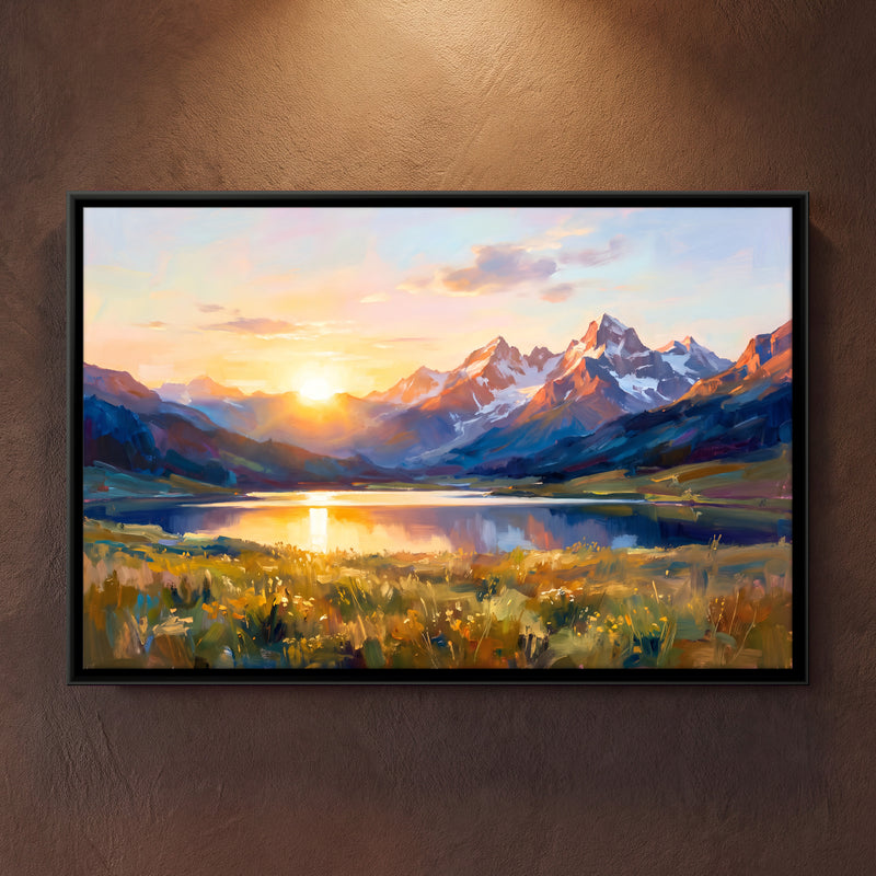 Alpine Lake at Sunrise - framed canvas art hung on a wall