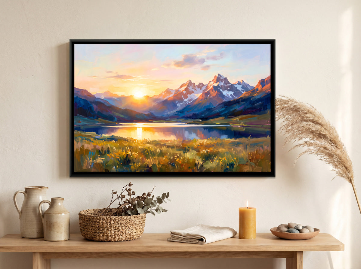 Alpine Lake at Sunrise - canvas art shown in a styled room