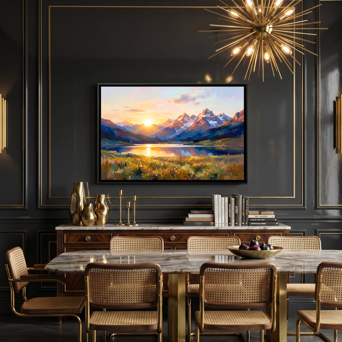 Alpine Lake at Sunrise - canvas art shown in a second room setting