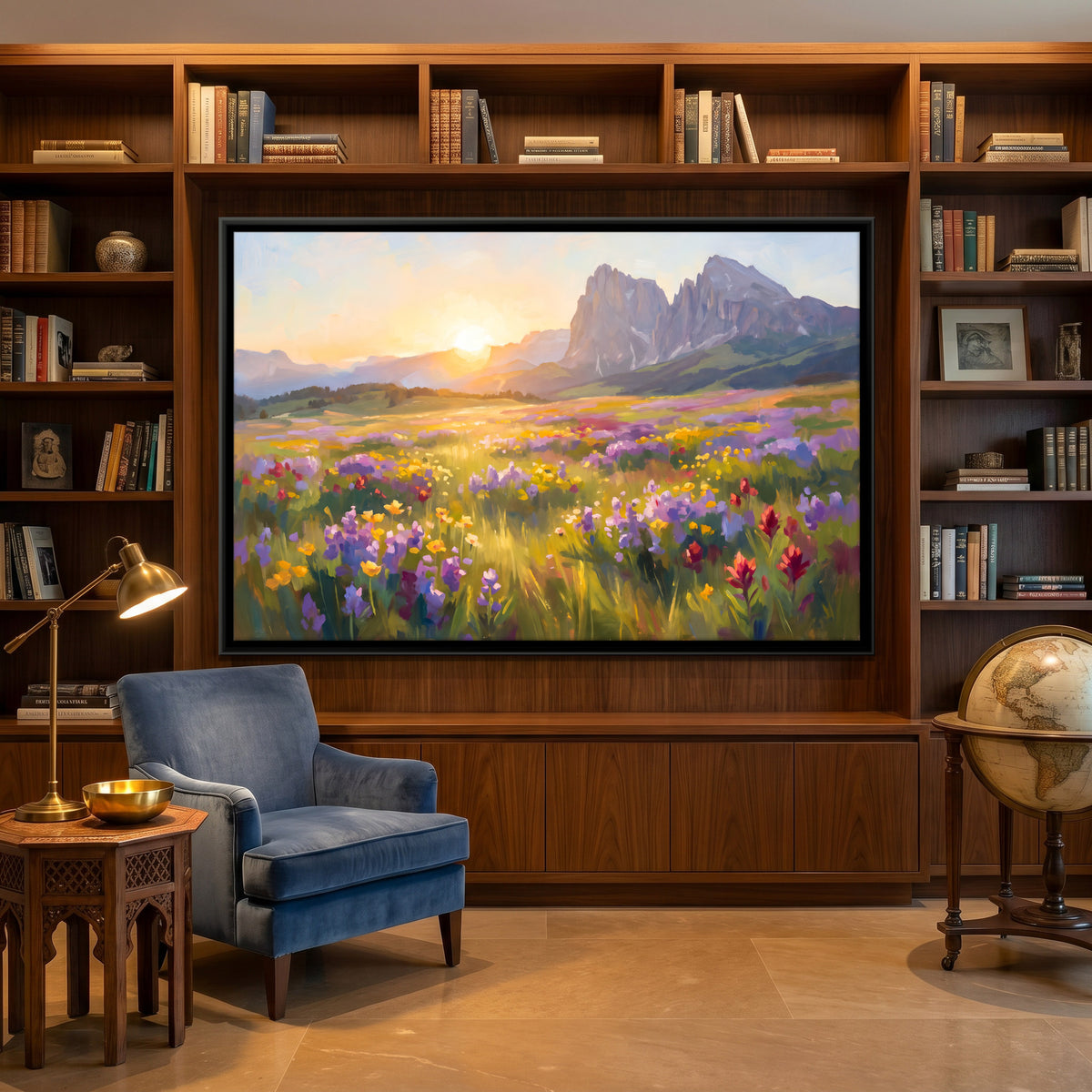 Alpine Wildflower Meadow at Sunrise - canvas art shown in a styled room