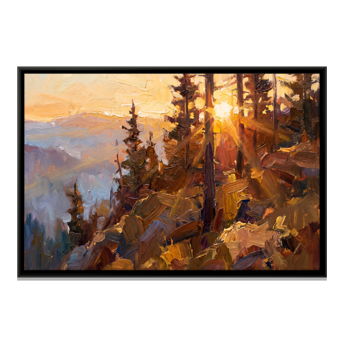 Sunrise Through Mountain Pines - framed canvas print, front view