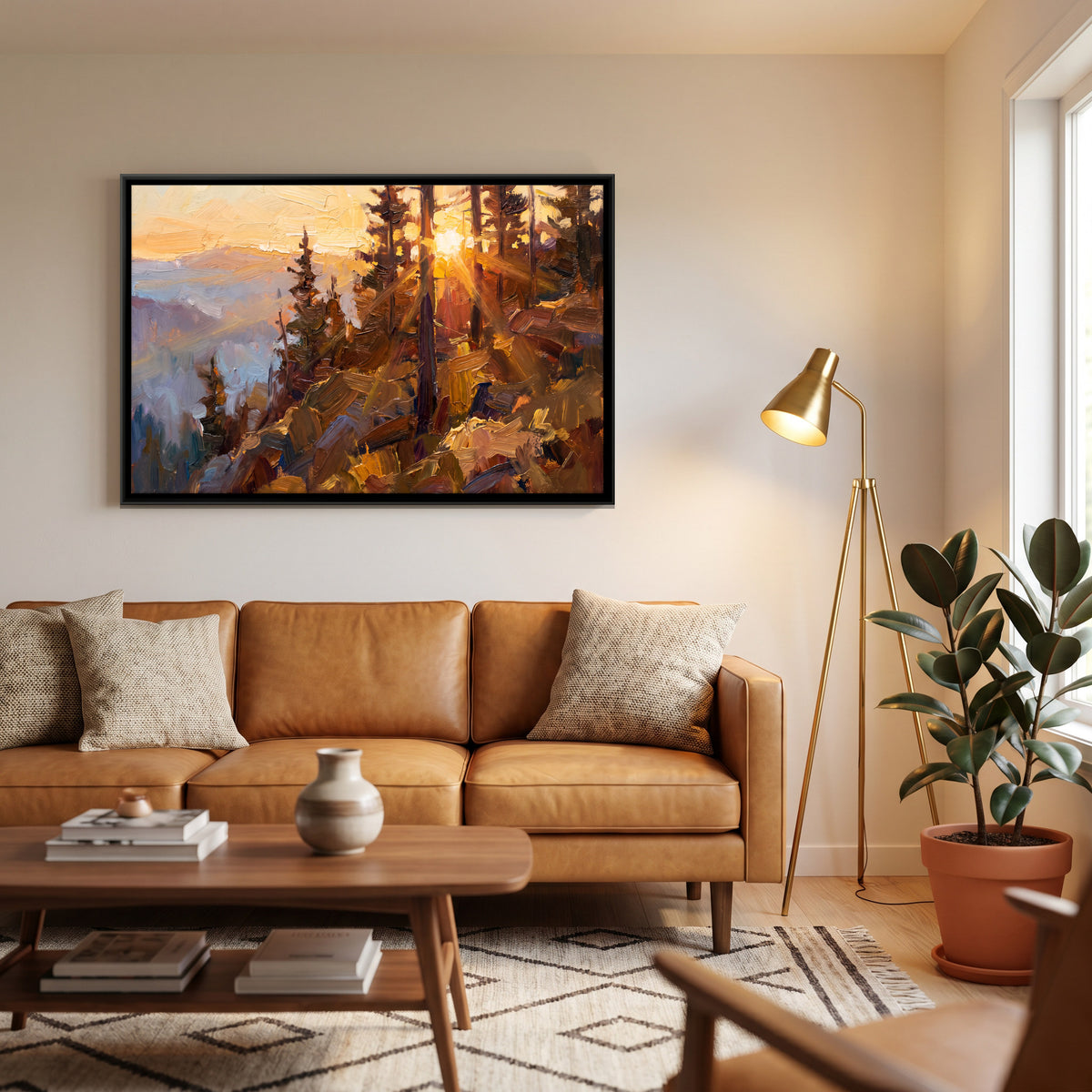 Sunrise Through Mountain Pines - canvas art shown in a second room setting