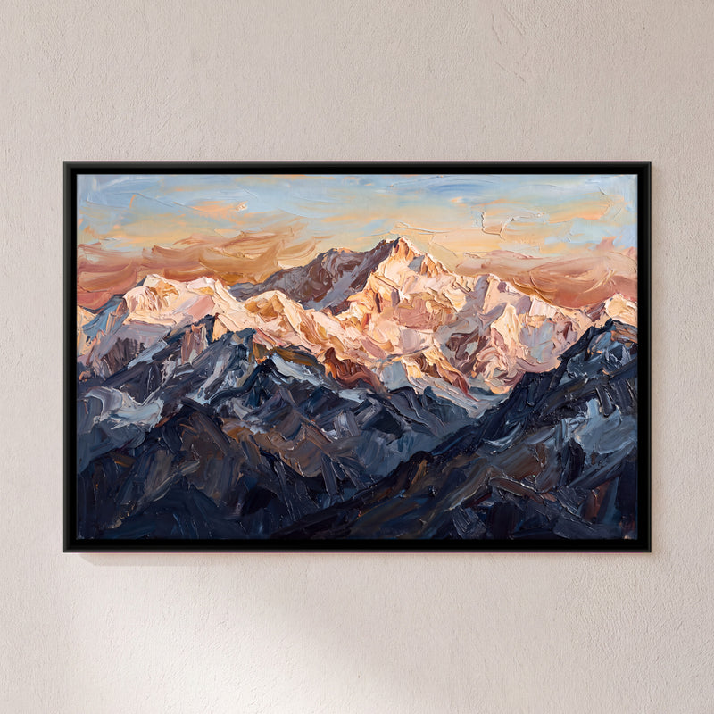 Snow-Capped Mountain Peaks - framed canvas art hung on a wall
