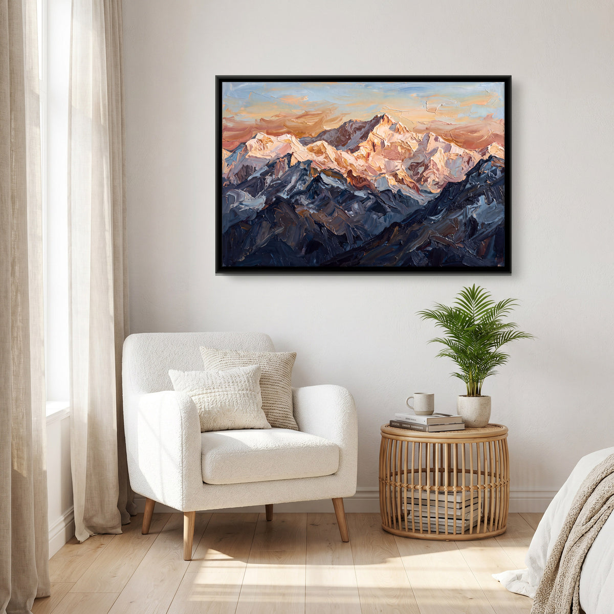 Snow-Capped Mountain Peaks - canvas art shown in a styled room