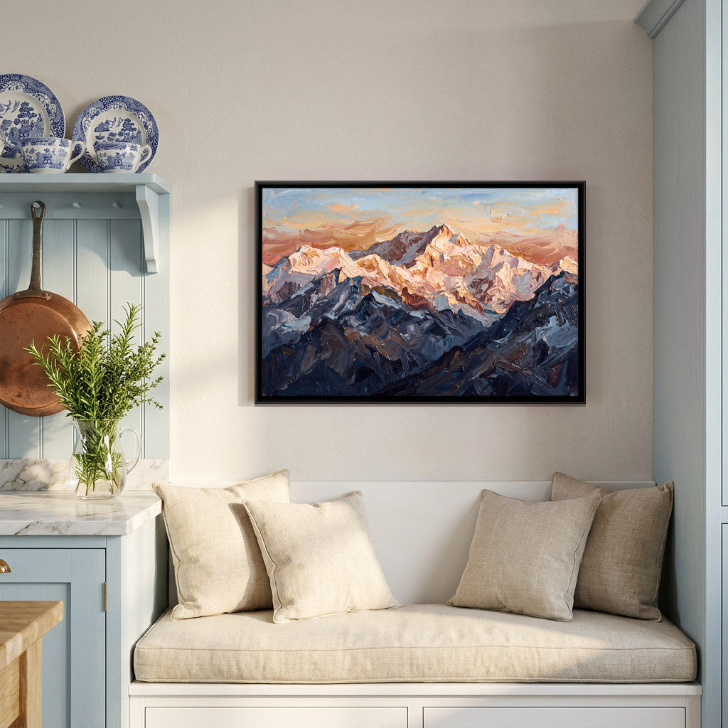 Snow-Capped Mountain Peaks - canvas art shown in a second room setting