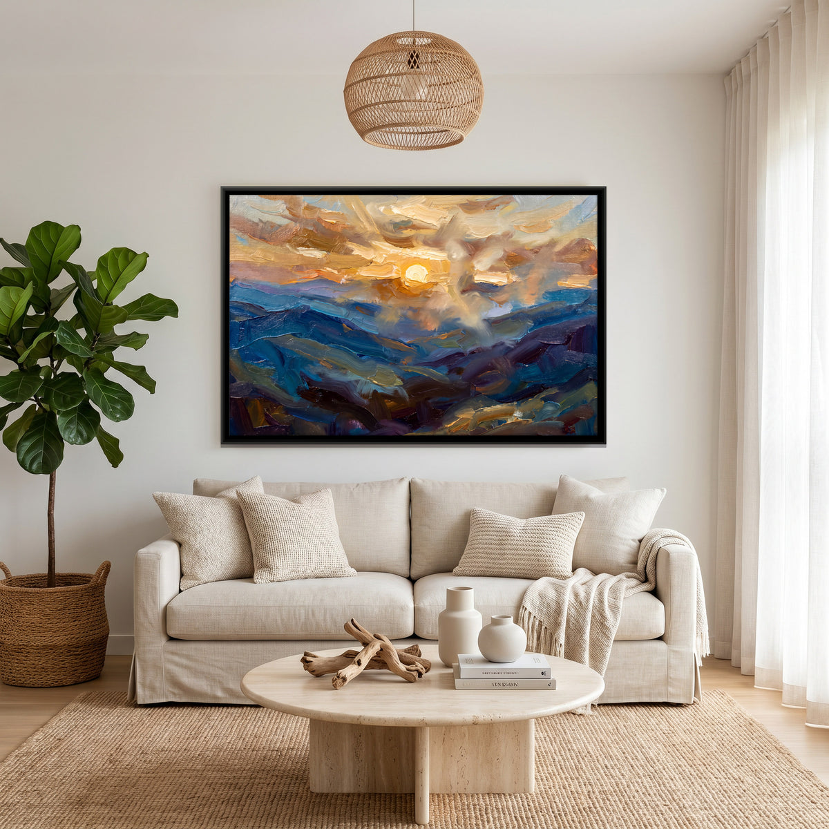 Sunrise Over Rolling Hills - canvas art shown in a styled room