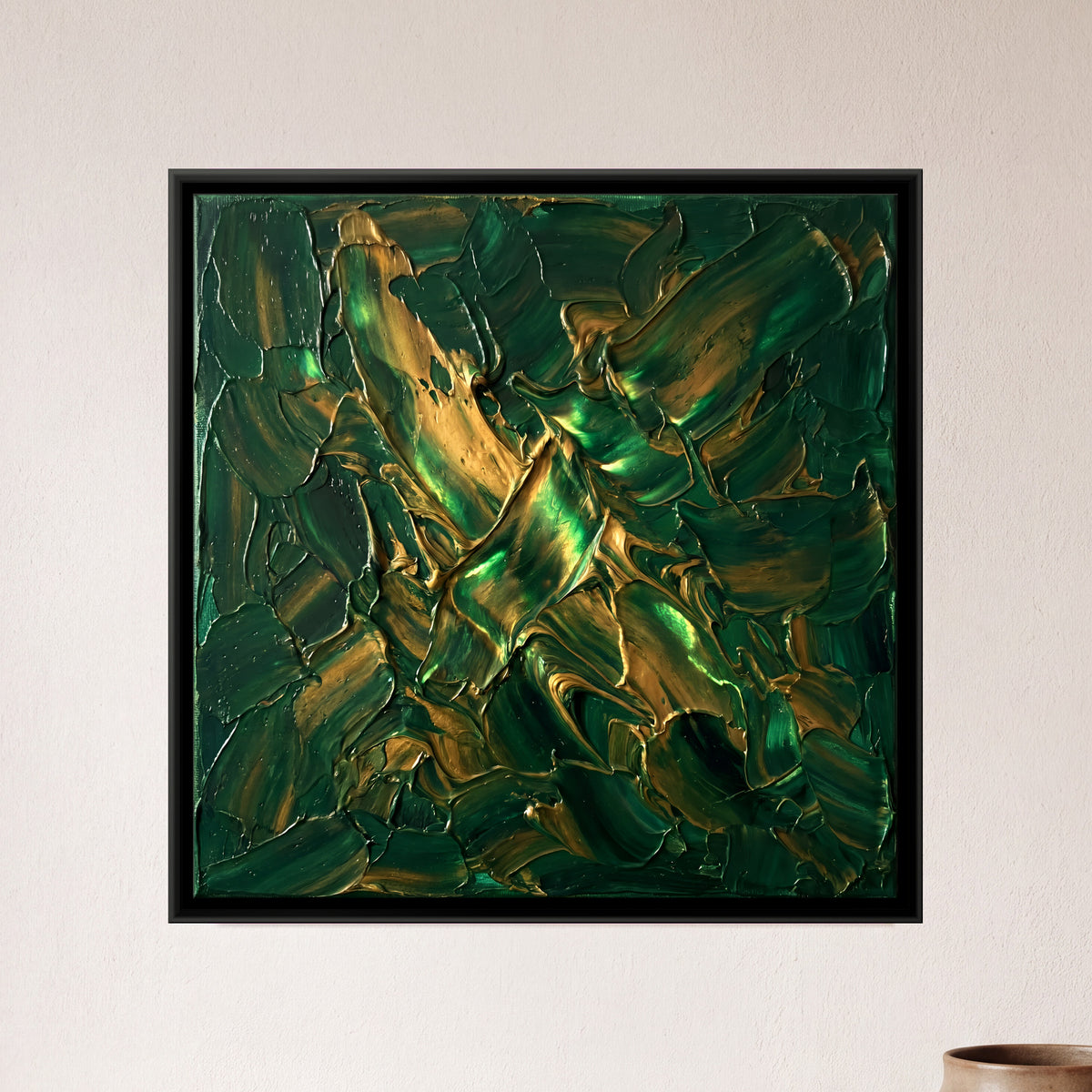 Green and Gold Burst - framed canvas art hung on a wall