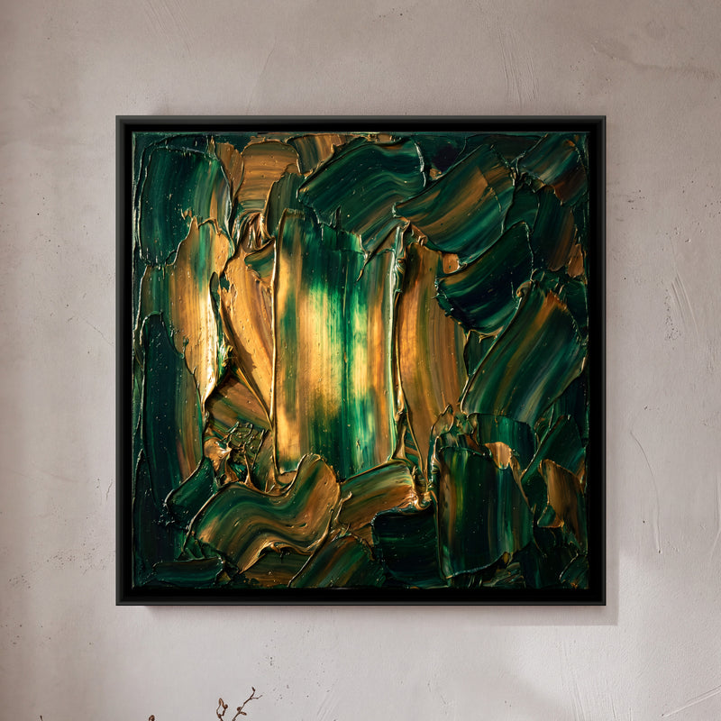 Gold and Green Vertical Strokes - framed canvas art hung on a wall