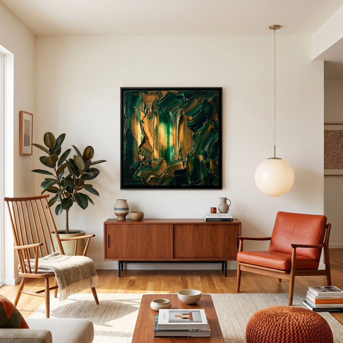 Gold and Green Vertical Strokes - canvas art shown in a styled room
