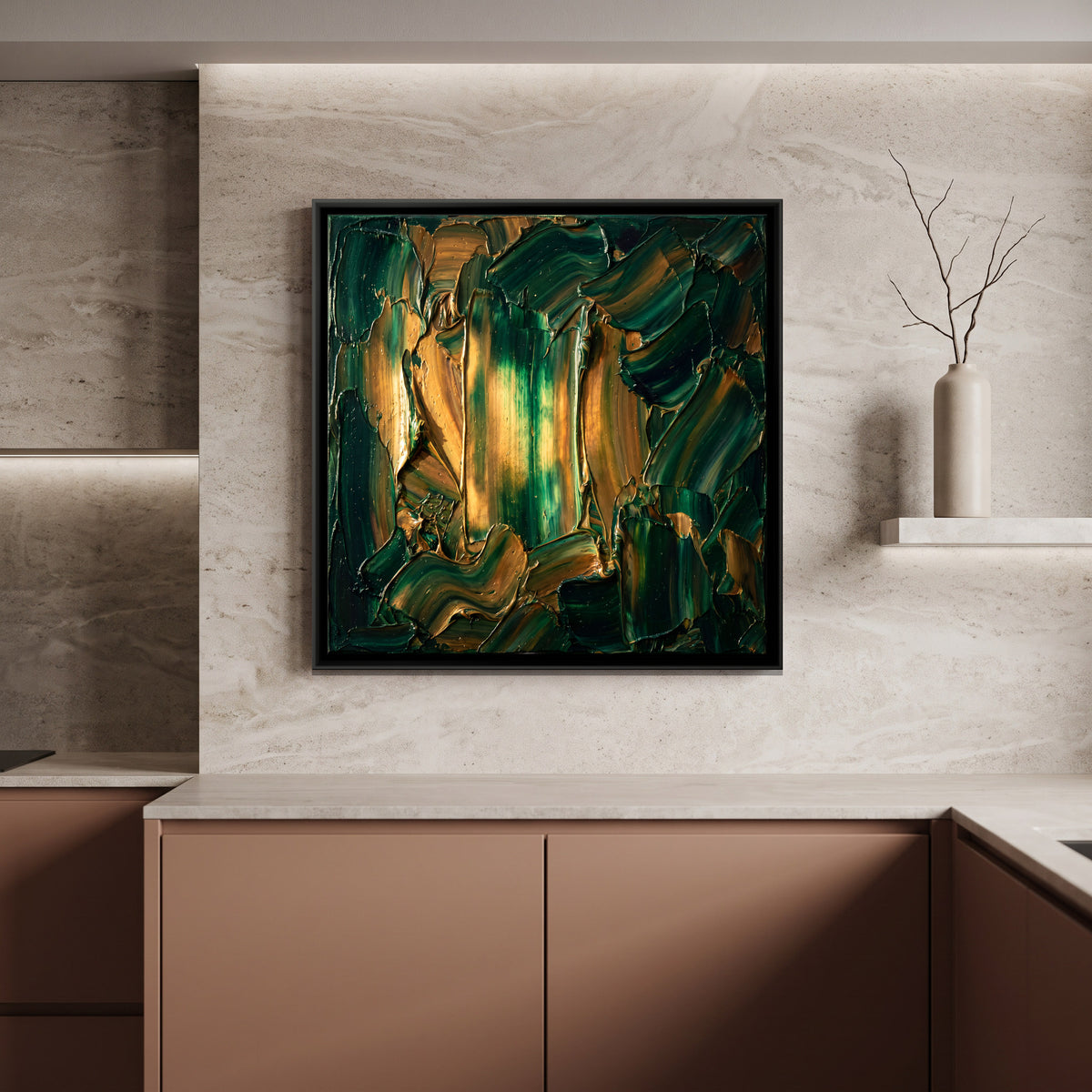 Gold and Green Vertical Strokes - canvas art shown in a second room setting