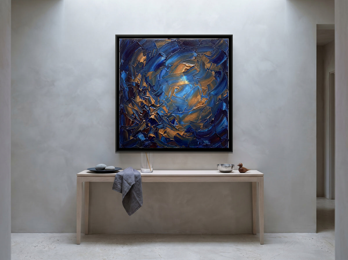 Blue and Copper Burst - canvas art shown in a styled room