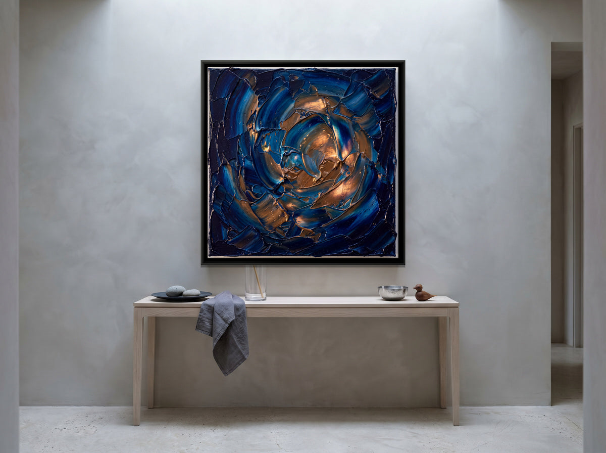 Blue and Copper Swirl - canvas art shown in a styled room