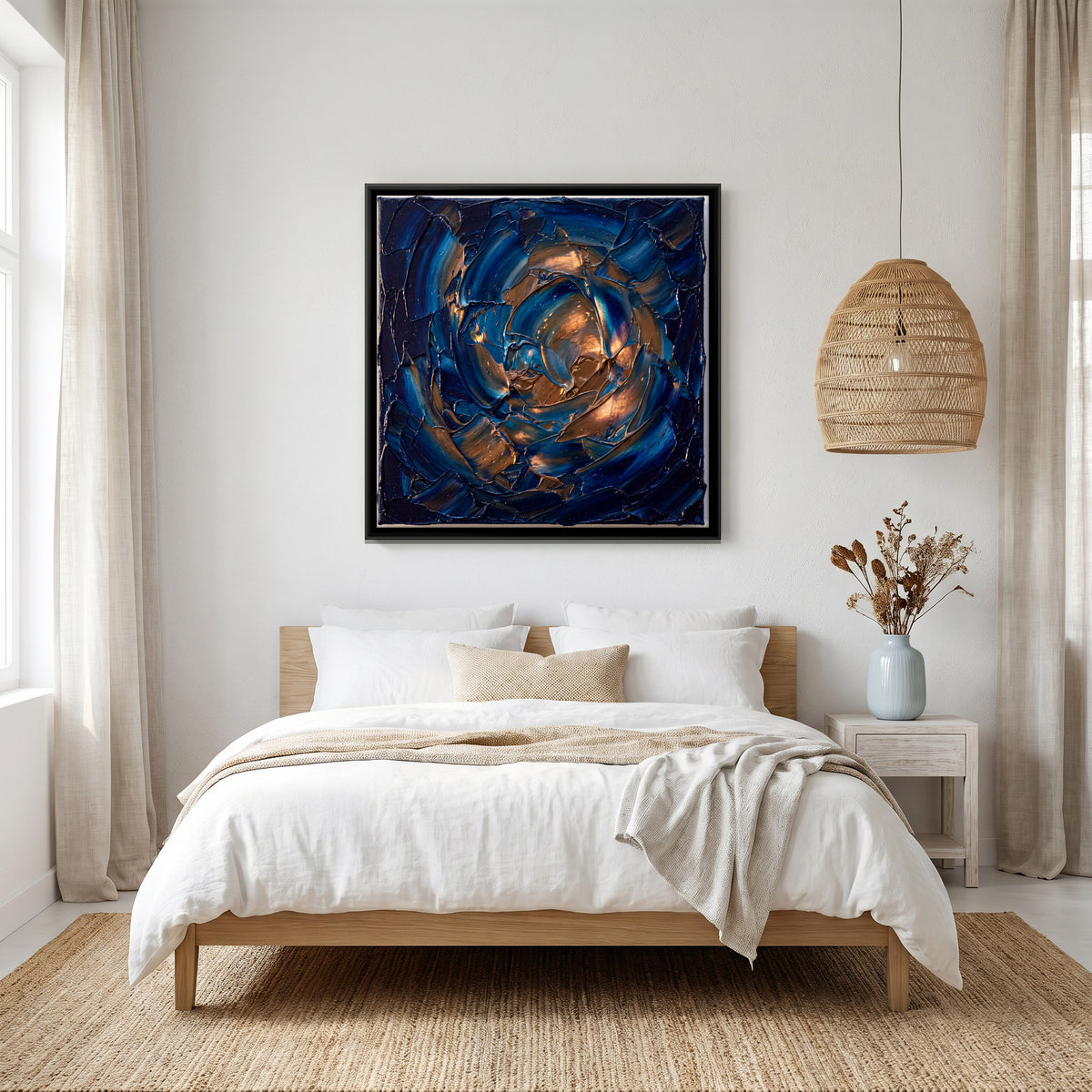 Blue and Copper Swirl - canvas art shown in a second room setting