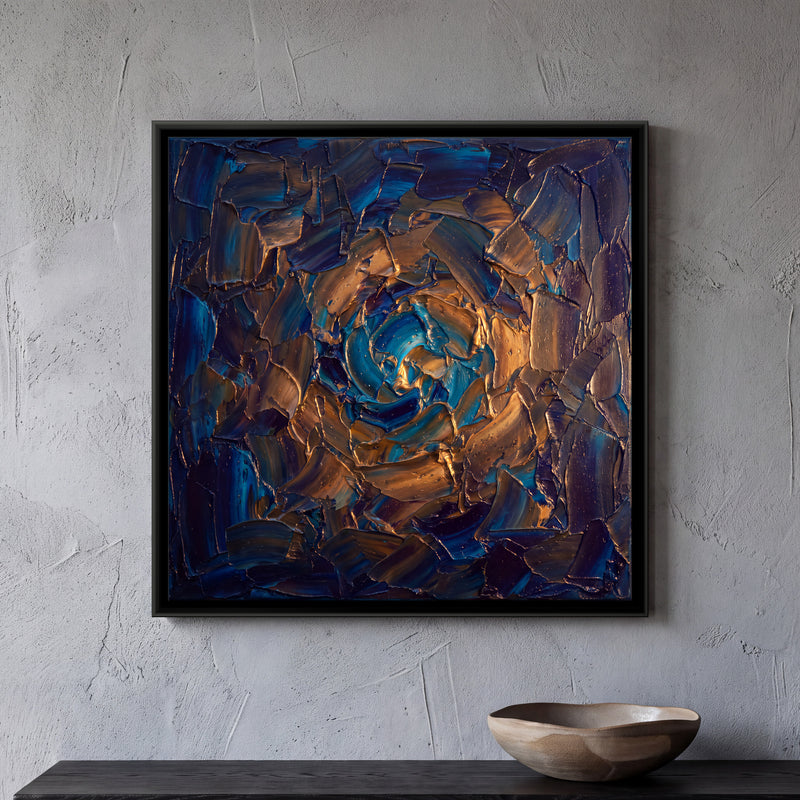 Blue and Copper Swirl - framed canvas art hung on a wall