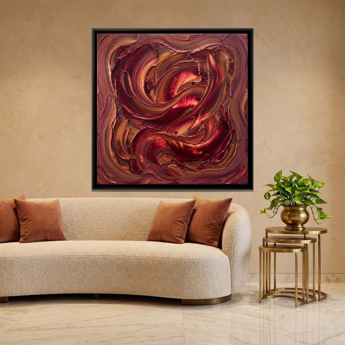 Crimson and Rose Swirls - canvas art shown in a styled room