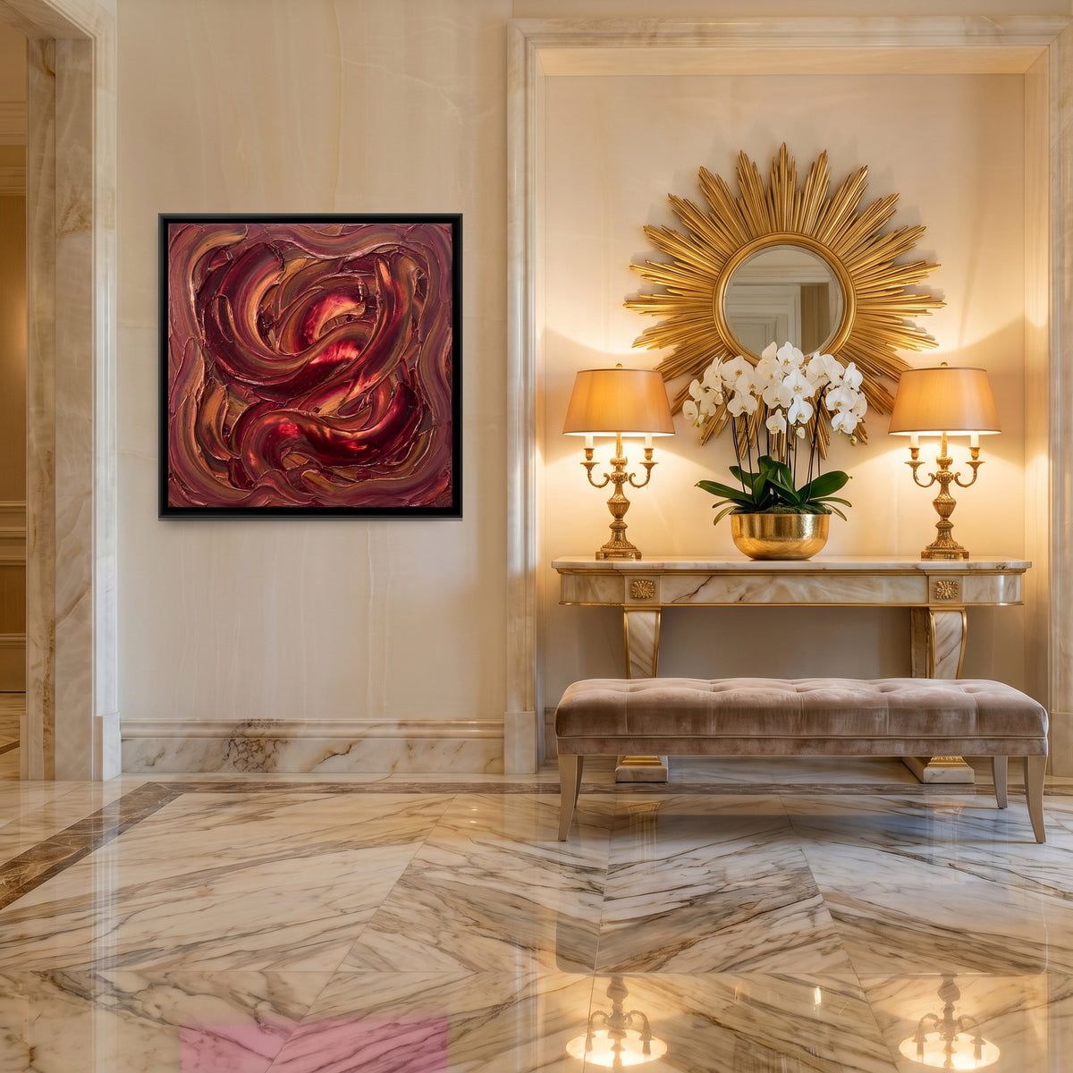 Crimson and Rose Swirls - canvas art shown in a second room setting