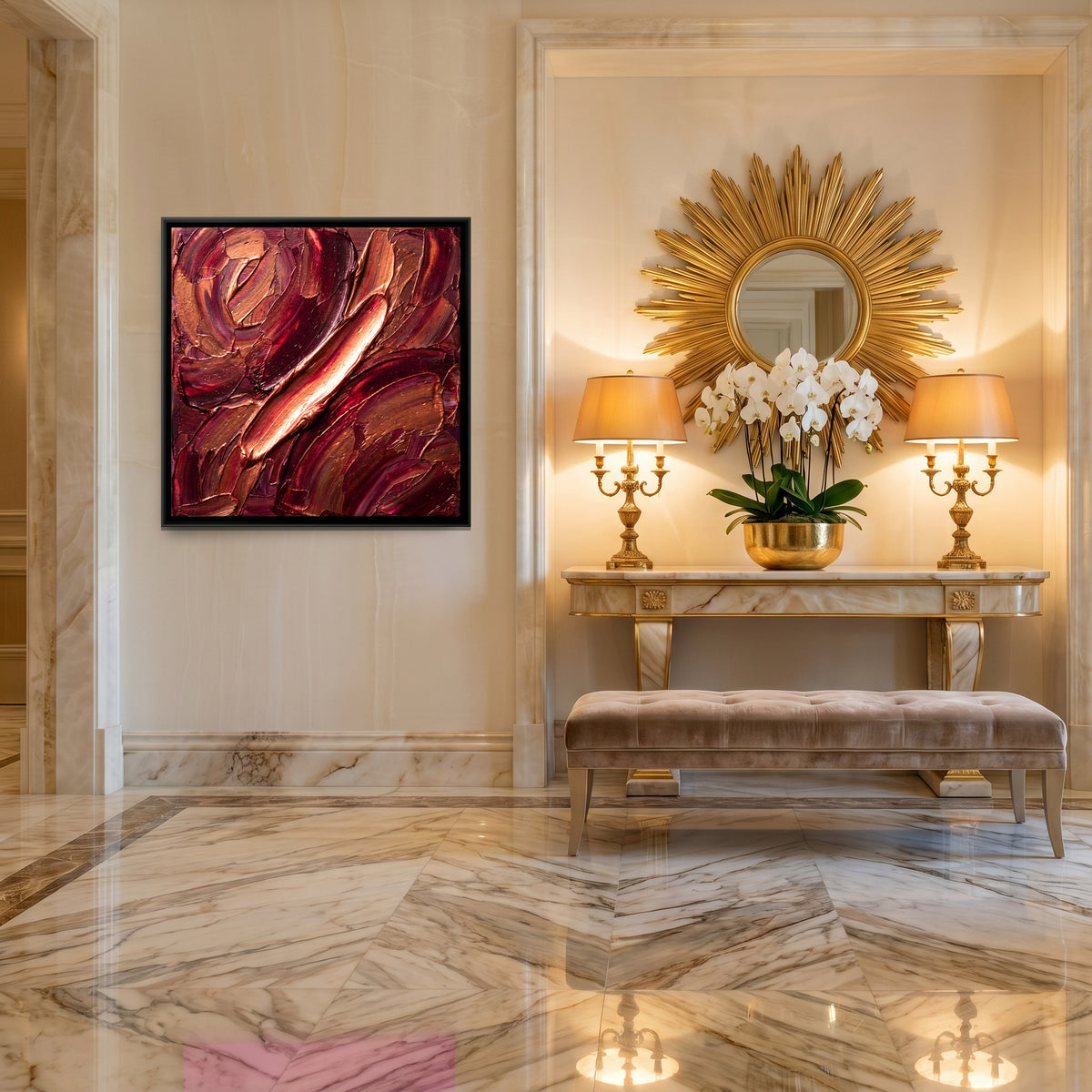 Crimson Diagonal Strokes - canvas art shown in a second room setting