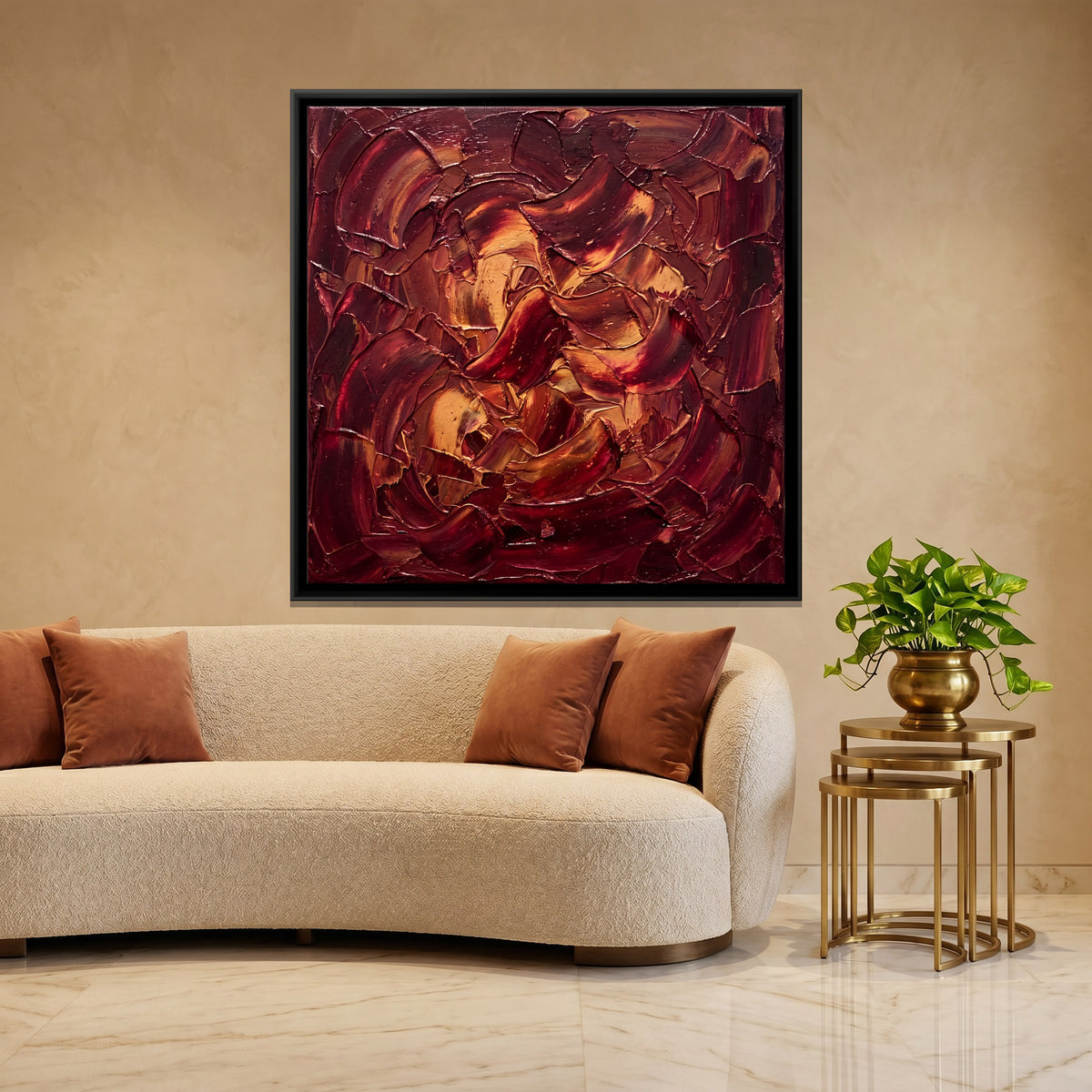 Copper Glow on Deep Red - canvas art shown in a styled room