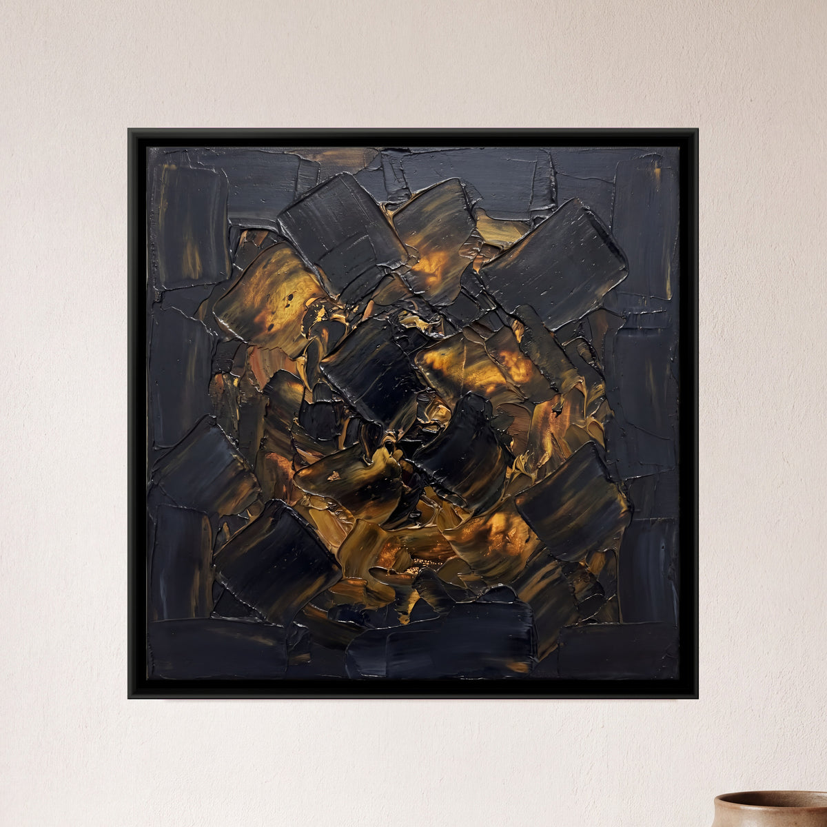 Black and Gold Textured Blocks - framed canvas art hung on a wall
