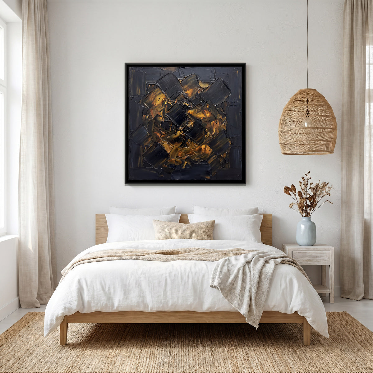 Black and Gold Textured Blocks - canvas art shown in a styled room