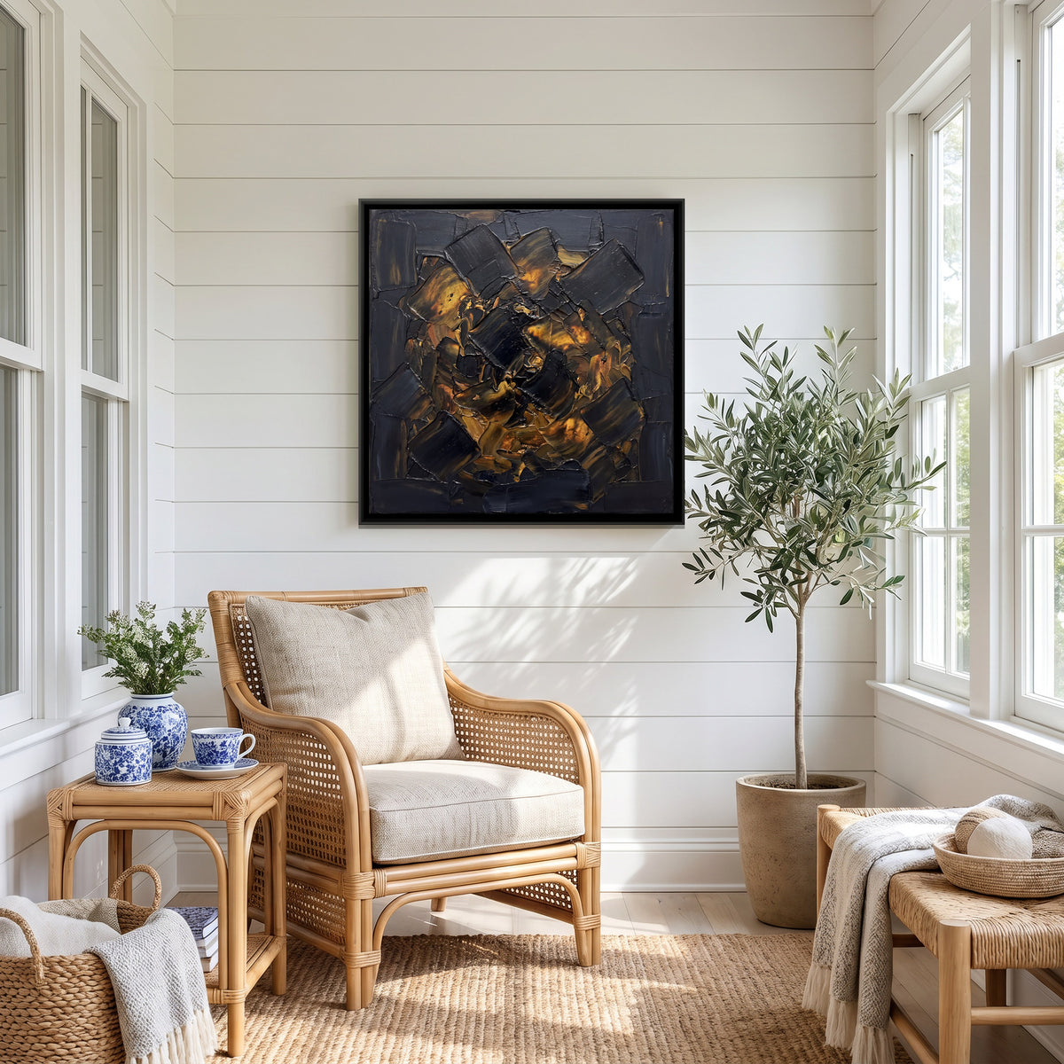 Black and Gold Textured Blocks - canvas art shown in a second room setting