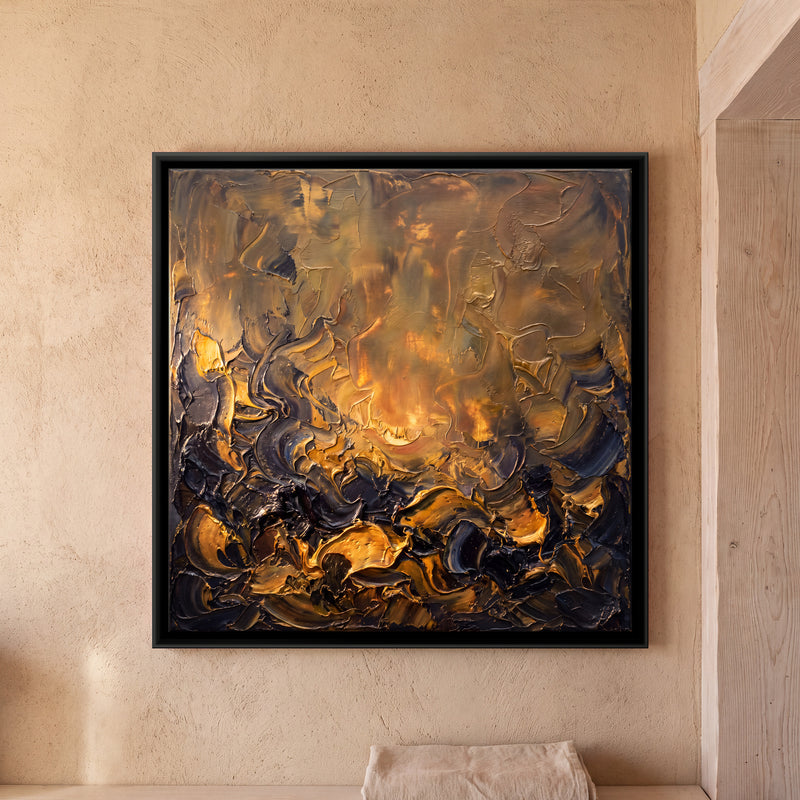 Gold Glow Over a Dark Horizon - framed canvas art hung on a wall
