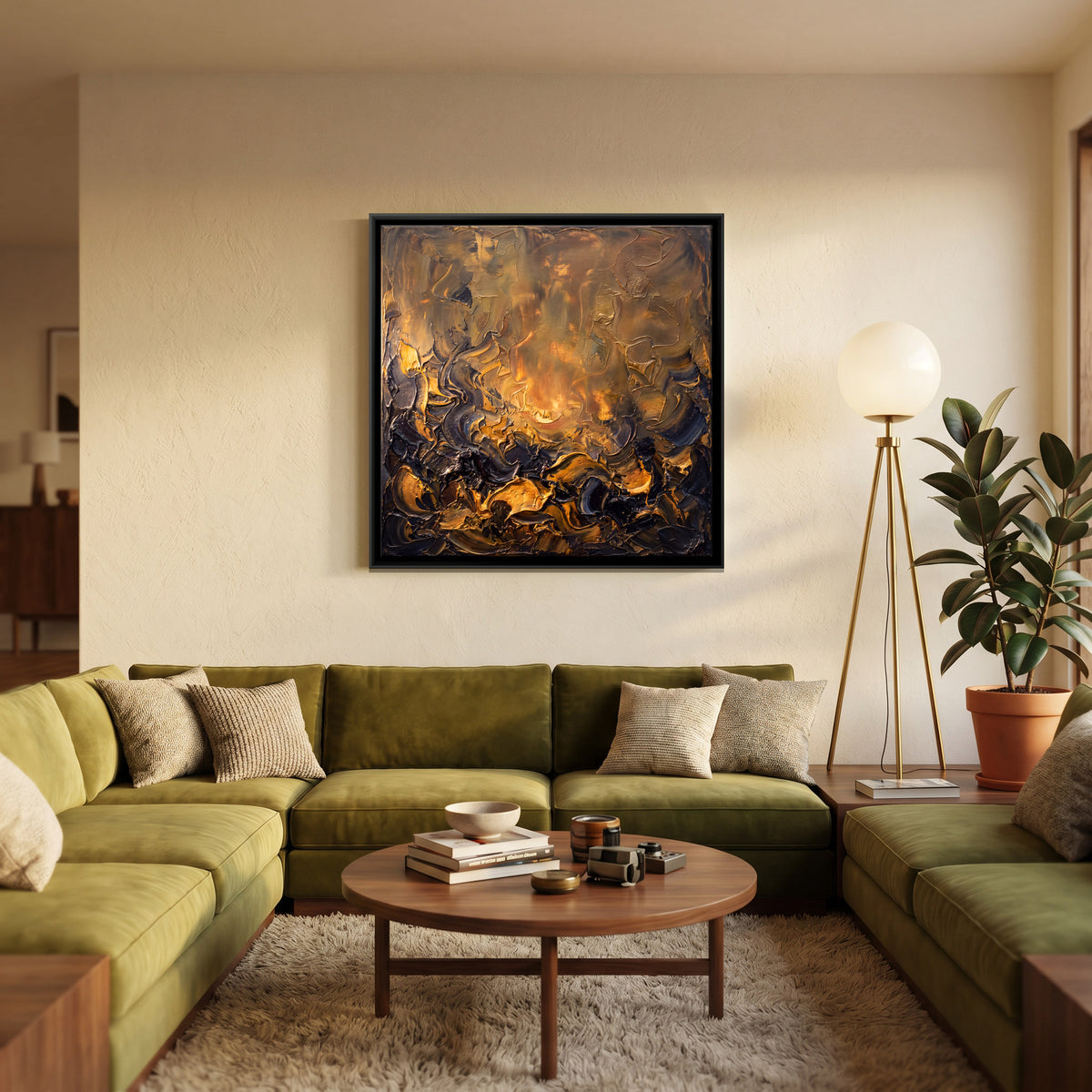Gold Glow Over a Dark Horizon - canvas art shown in a styled room