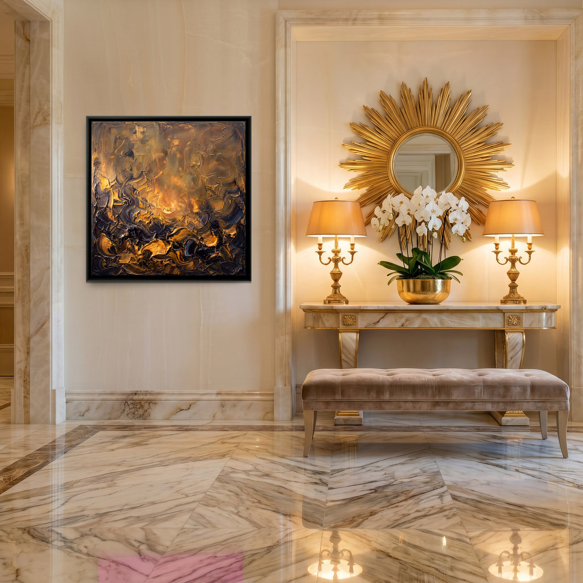 Gold Glow Over a Dark Horizon - canvas art shown in a second room setting