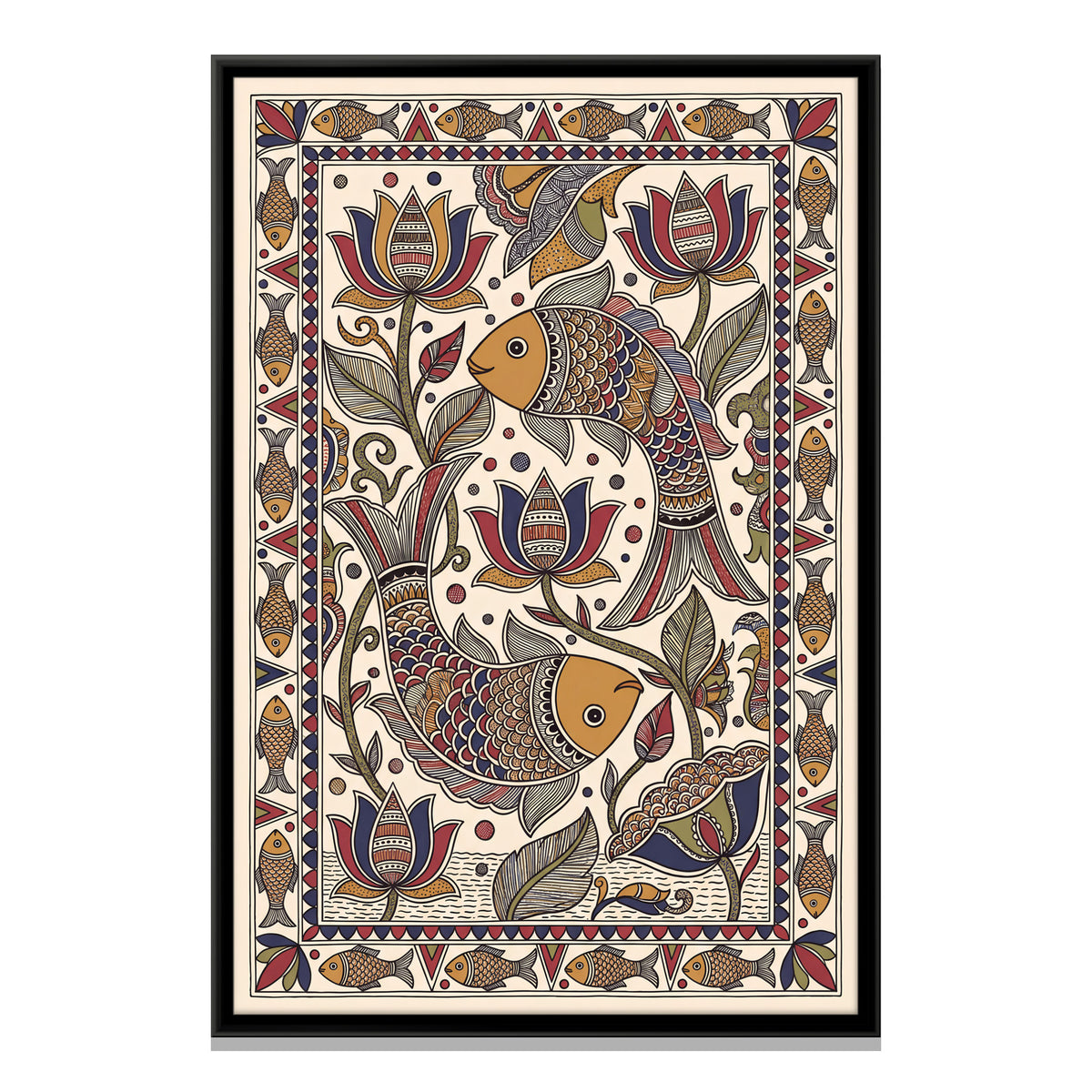 Two Fish Among Lotus Flowers - framed canvas print, front view