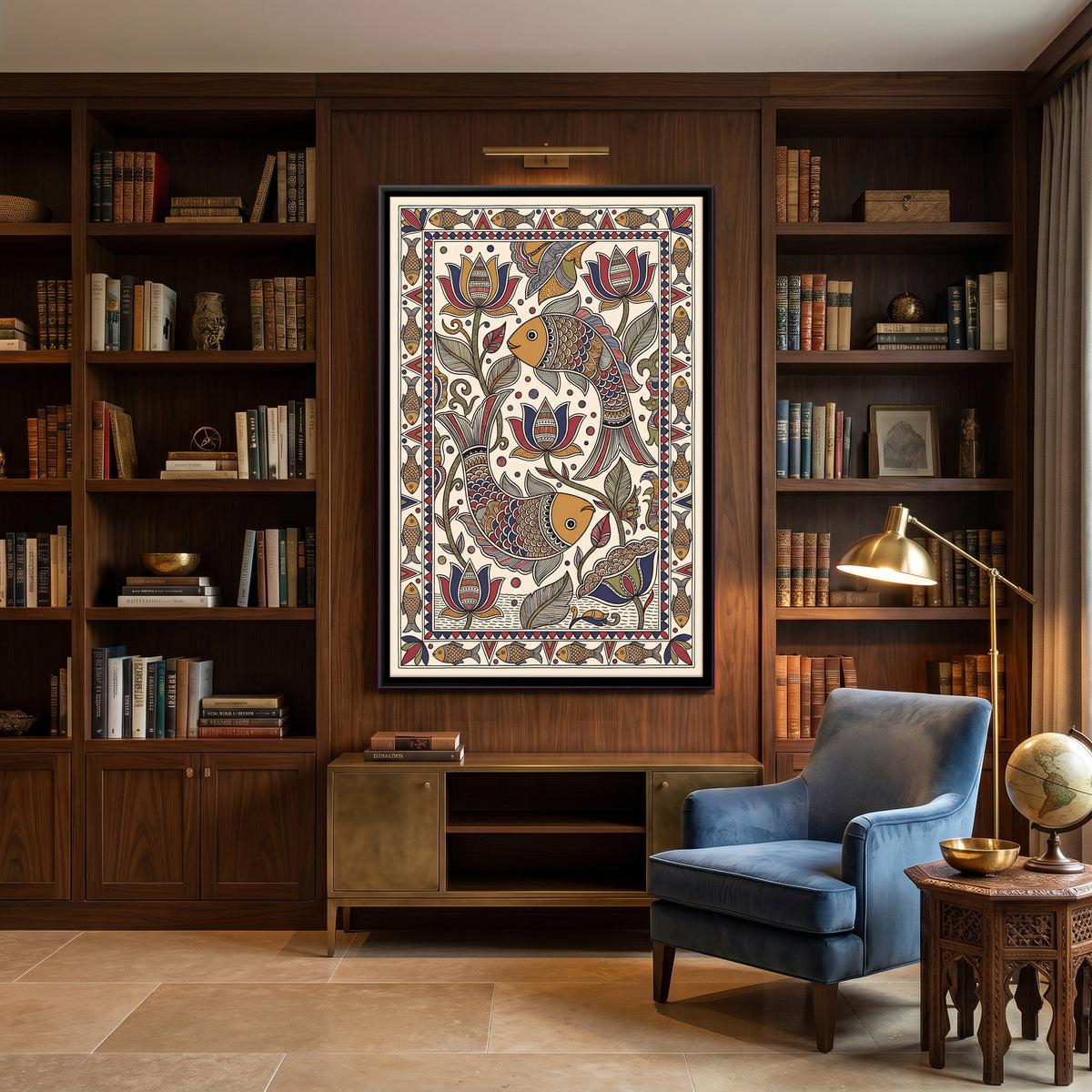 Two Fish Among Lotus Flowers - canvas art shown in a styled room