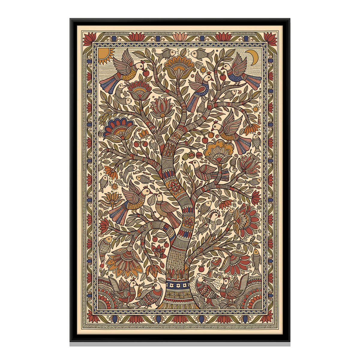 Tree of Life with Birds - framed canvas print, front view