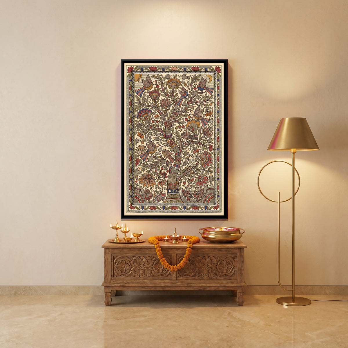 Tree of Life with Birds - canvas art shown in a styled room