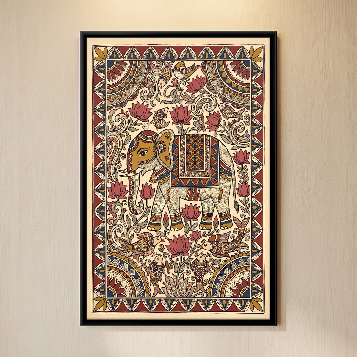 Decorated Elephant Among Lotus Flowers - framed canvas art hung on a wall