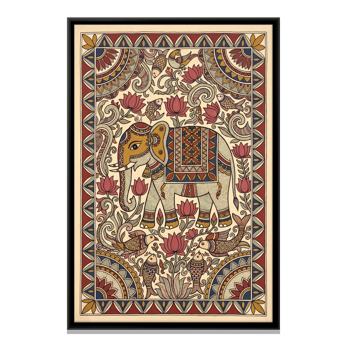 Decorated Elephant Among Lotus Flowers - framed canvas print, front view