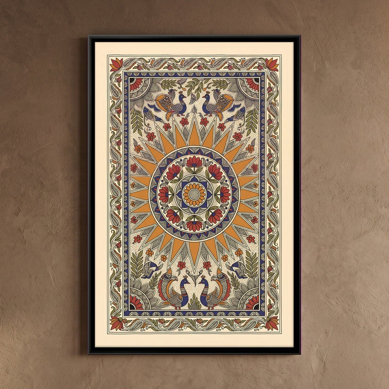 Sun Mandala with Peacocks - framed canvas art hung on a wall