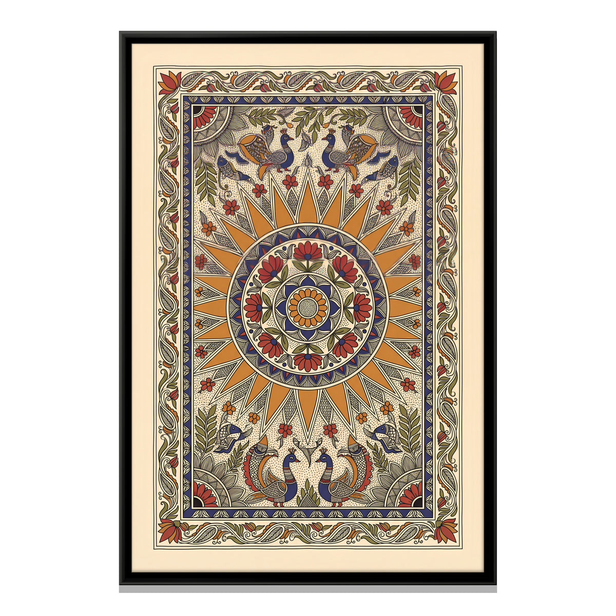 Sun Mandala with Peacocks - framed canvas print, front view