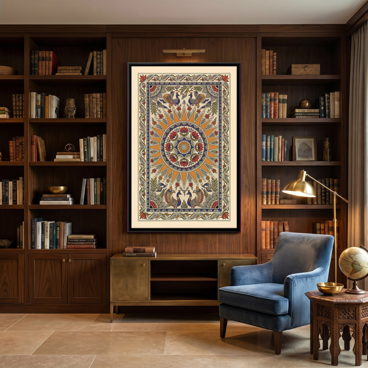 Sun Mandala with Peacocks - canvas art shown in a styled room