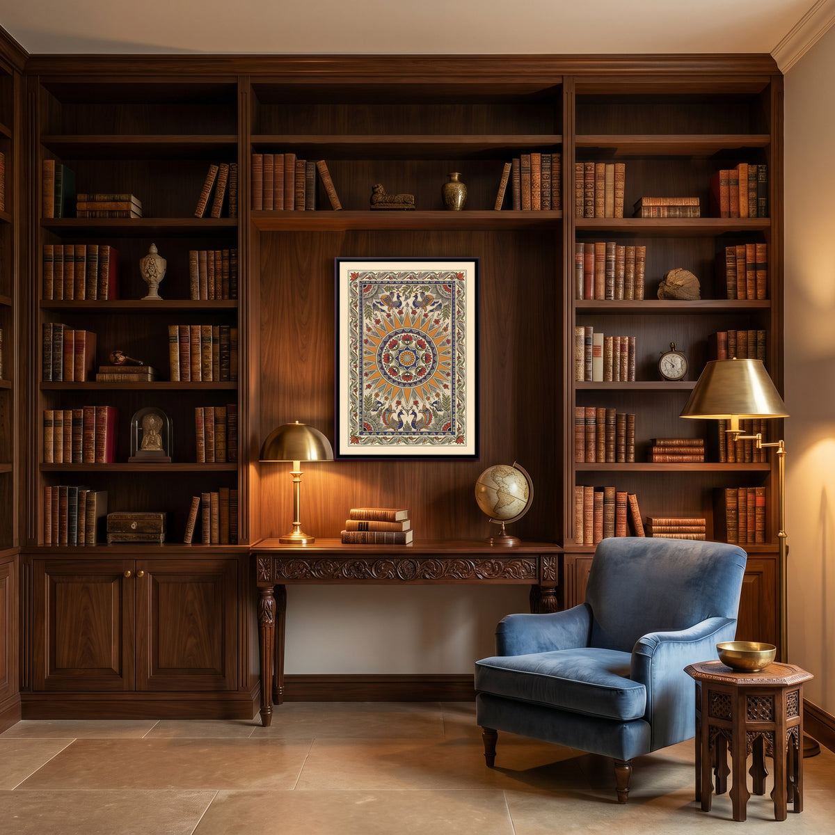 Sun Mandala with Peacocks - canvas art shown in a second room setting