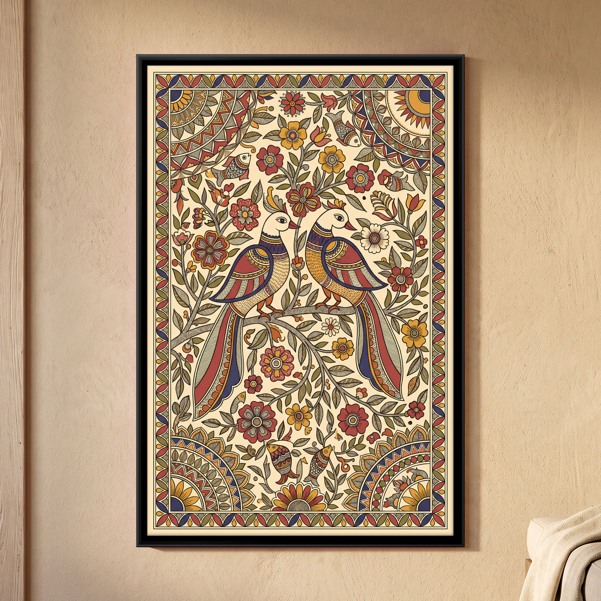 Pair of Birds on a Flowering Branch - framed canvas art hung on a wall