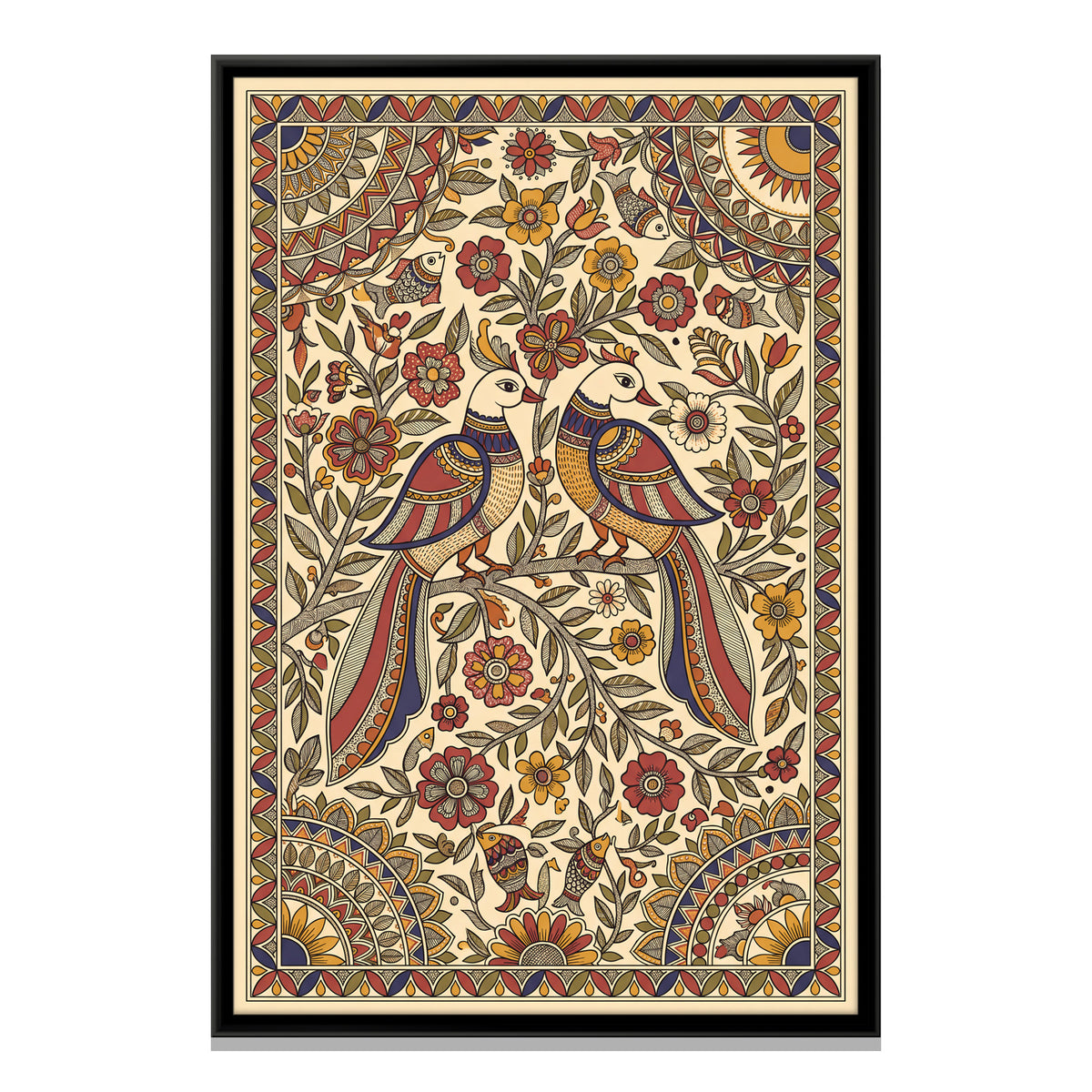 Pair of Birds on a Flowering Branch - framed canvas print, front view